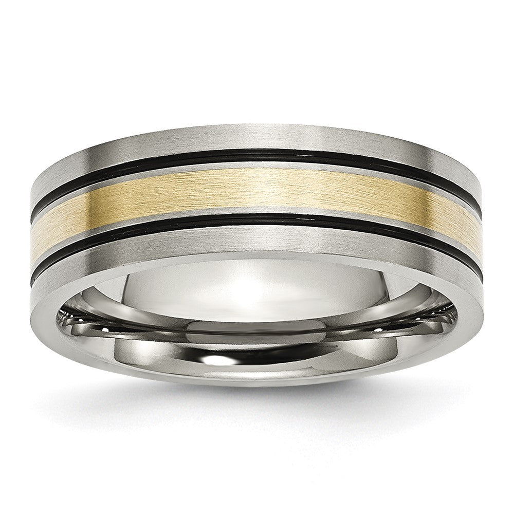 Titanium 14k Gold Inlay Flat 7mm Brushed and Antiqued Band