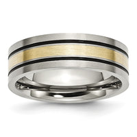 Titanium 14k Gold Inlay Flat 7mm Brushed and Antiqued Band