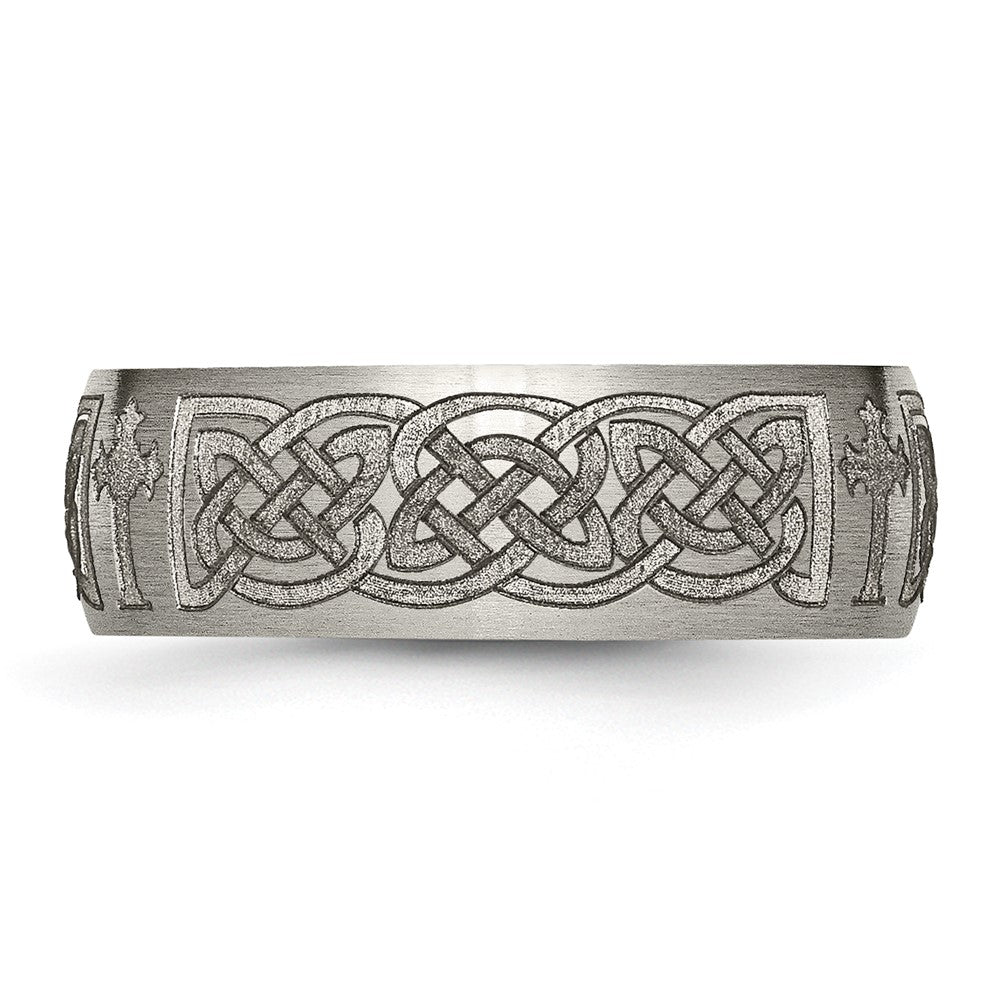 Titanium Brushed Celtic Cross Laser Design 8mm Band