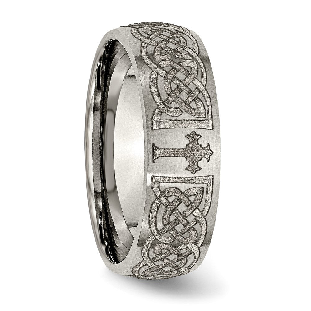 Titanium Brushed Celtic Cross Laser Design 8mm Band