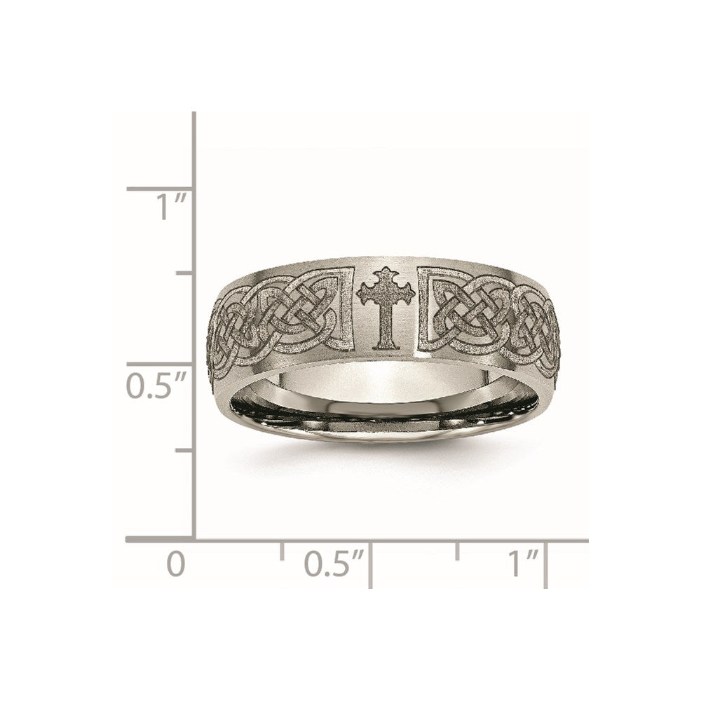 Titanium Brushed Celtic Cross Laser Design 8mm Band