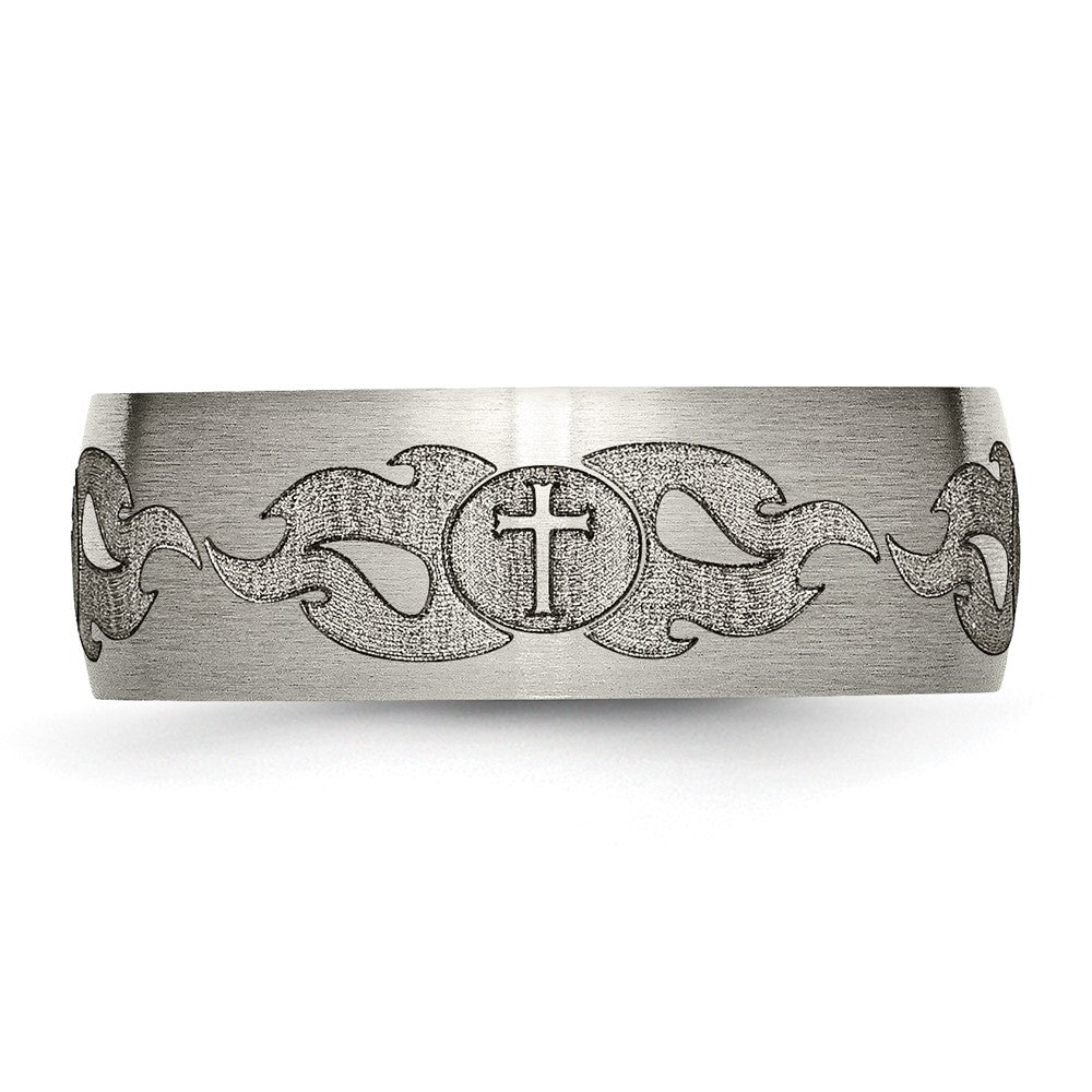 Titanium Brushed Cross w/Flames Laser Design 8mm Band