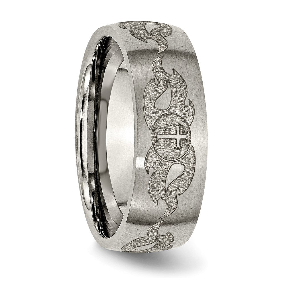 Titanium Brushed Cross w/Flames Laser Design 8mm Band