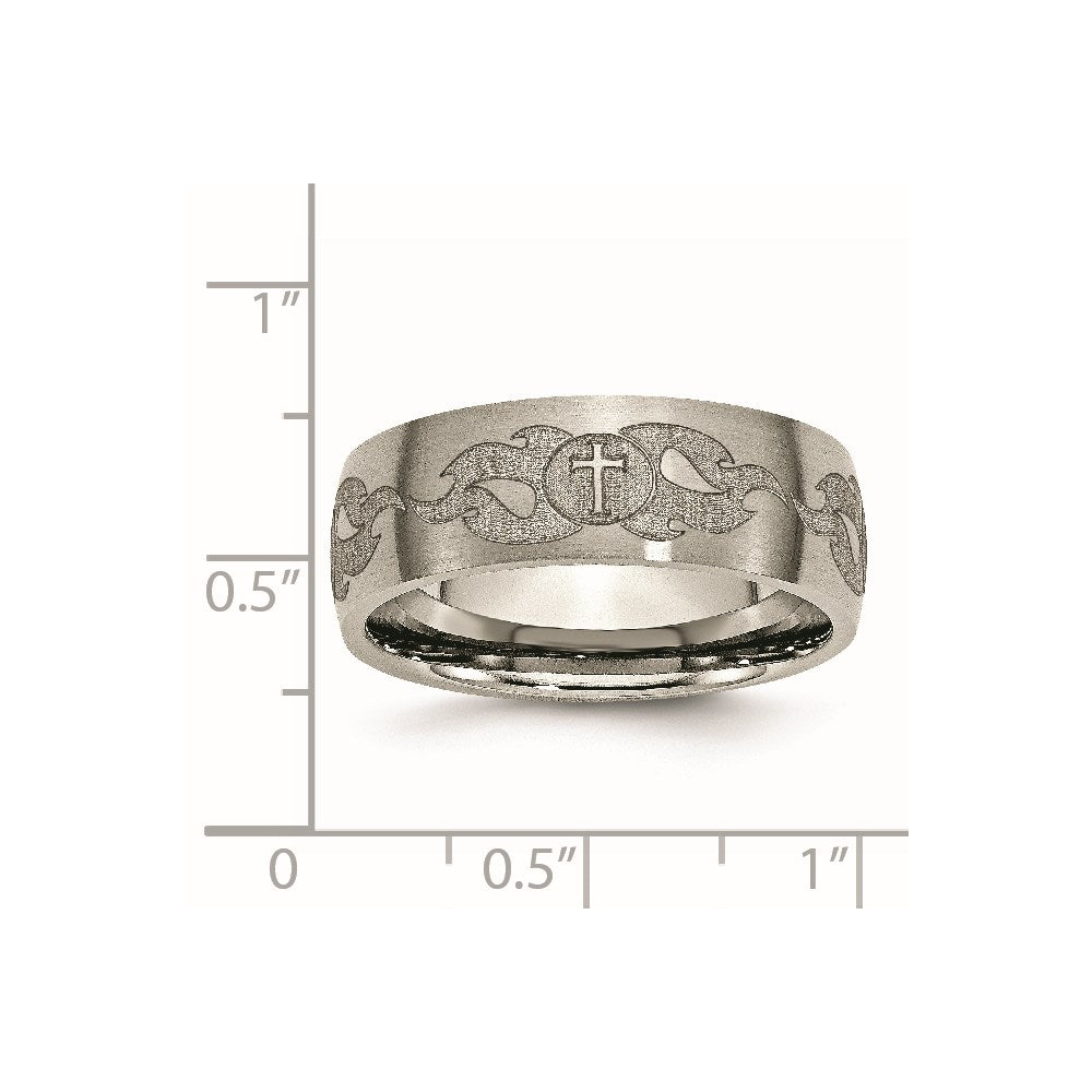 Titanium Brushed Cross w/Flames Laser Design 8mm Band