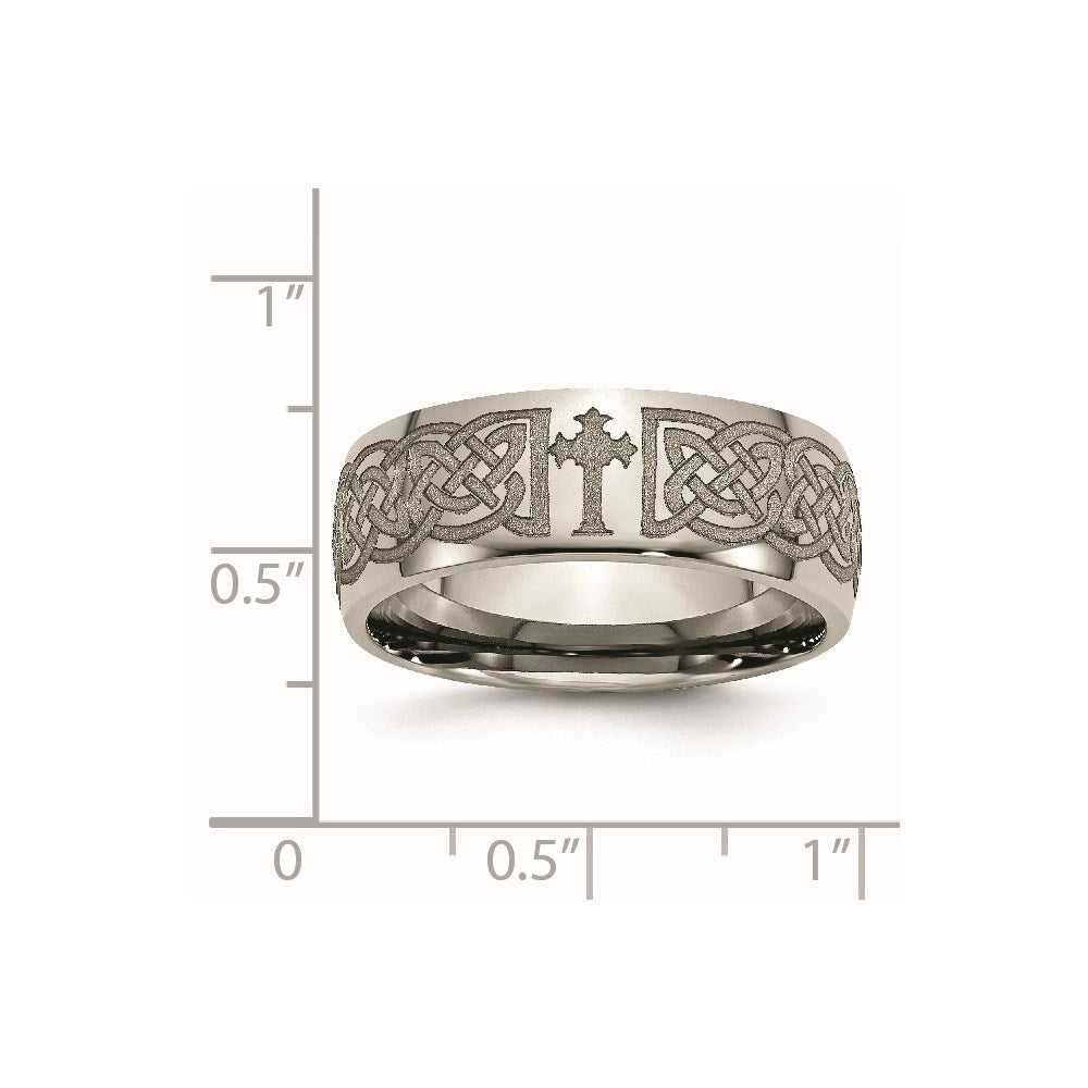 Titanium Polished Celtic Cross Laser Design 8mm Band