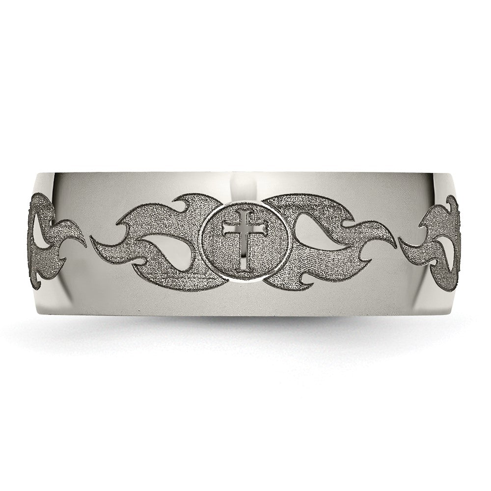 Titanium Polished Cross w/Flames Laser Design 8mm Band