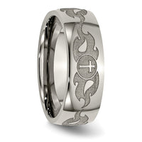 Titanium Polished Cross w/Flames Laser Design 8mm Band