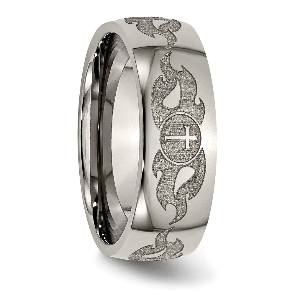 Titanium Polished Cross w/Flames Laser Design 8mm Band