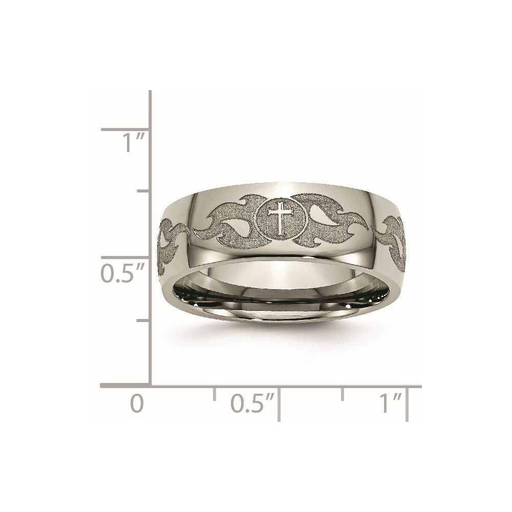 Titanium Polished Cross w/Flames Laser Design 8mm Band