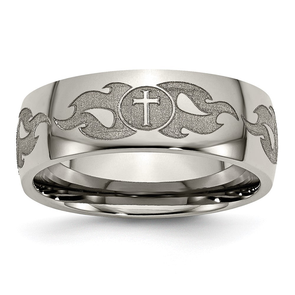 Titanium Polished Cross w/Flames Laser Design 8mm Band