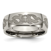 Titanium Polished Cross w/Flames Laser Design 8mm Band