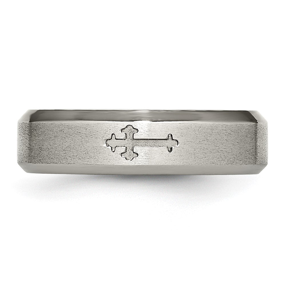 Titanium Brushed Center Cross Design 6mm Beveled Edge Band