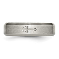 Titanium Brushed Center Cross Design 6mm Beveled Edge Band