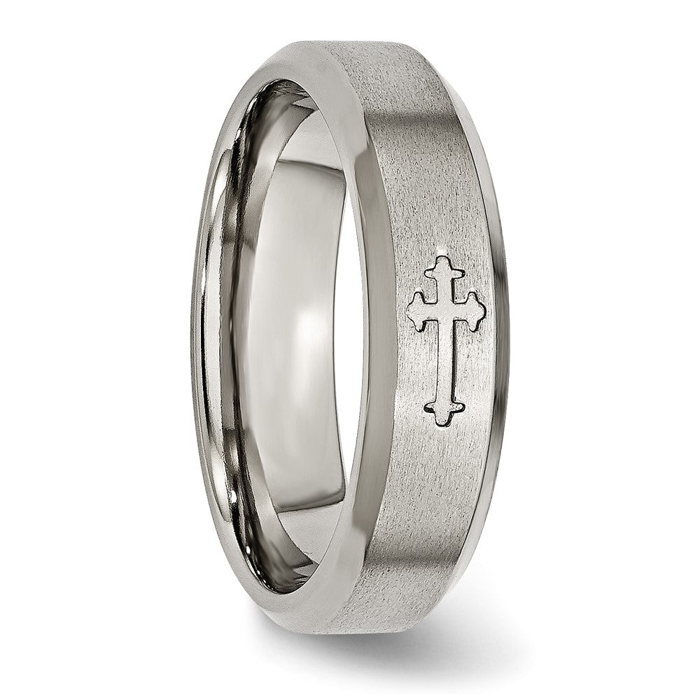 Titanium Brushed Center Cross Design 6mm Beveled Edge Band