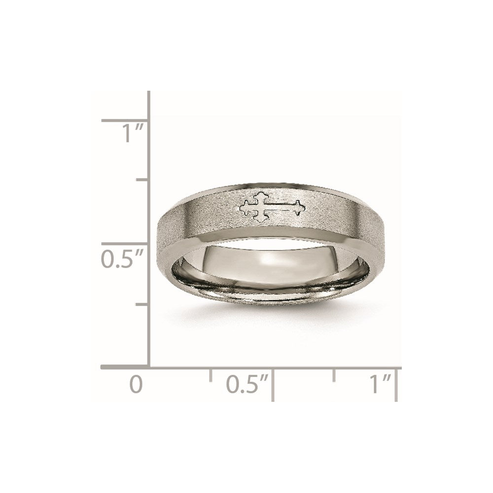 Titanium Brushed Center Cross Design 6mm Beveled Edge Band