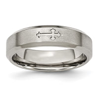 Titanium Brushed Center Cross Design 6mm Beveled Edge Band