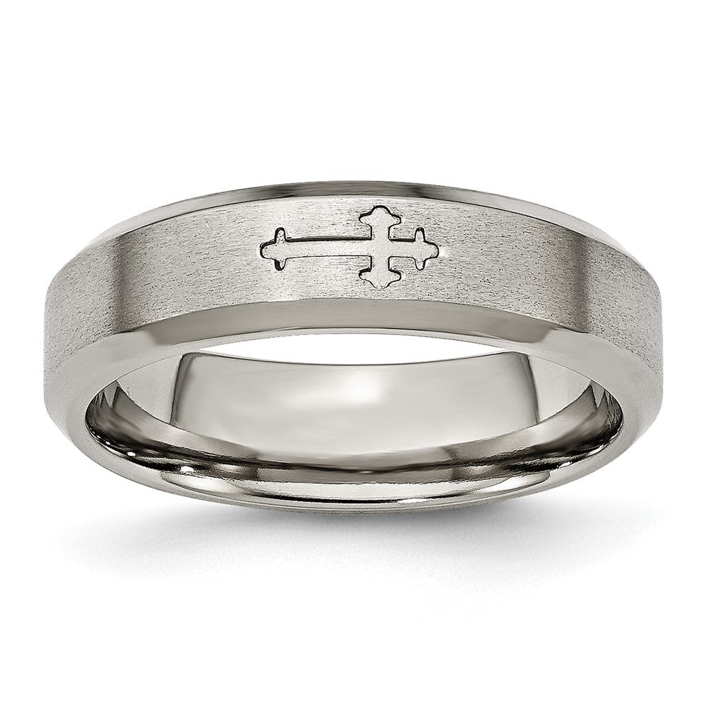 Titanium Brushed Center Cross Design 6mm Beveled Edge Band
