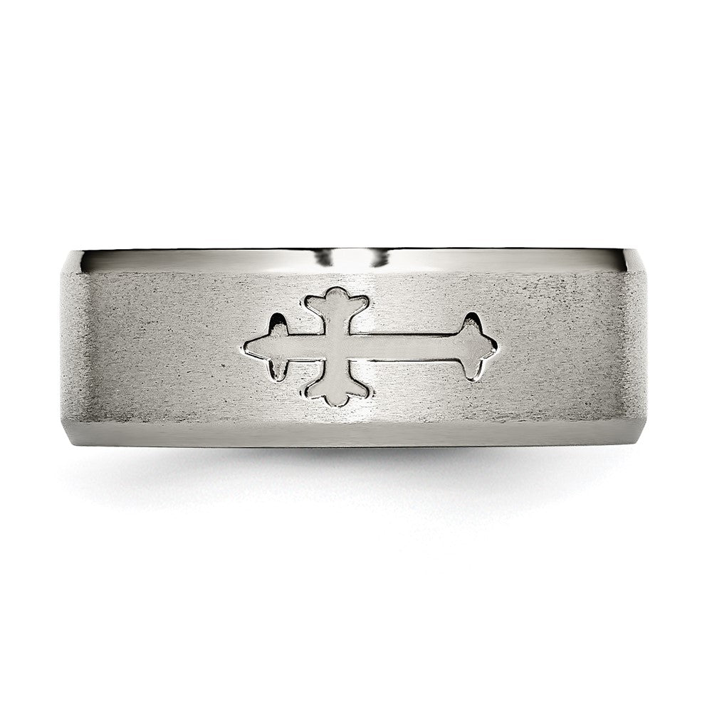 Titanium Brushed Center Cross Design 8mm Beveled Edge Band