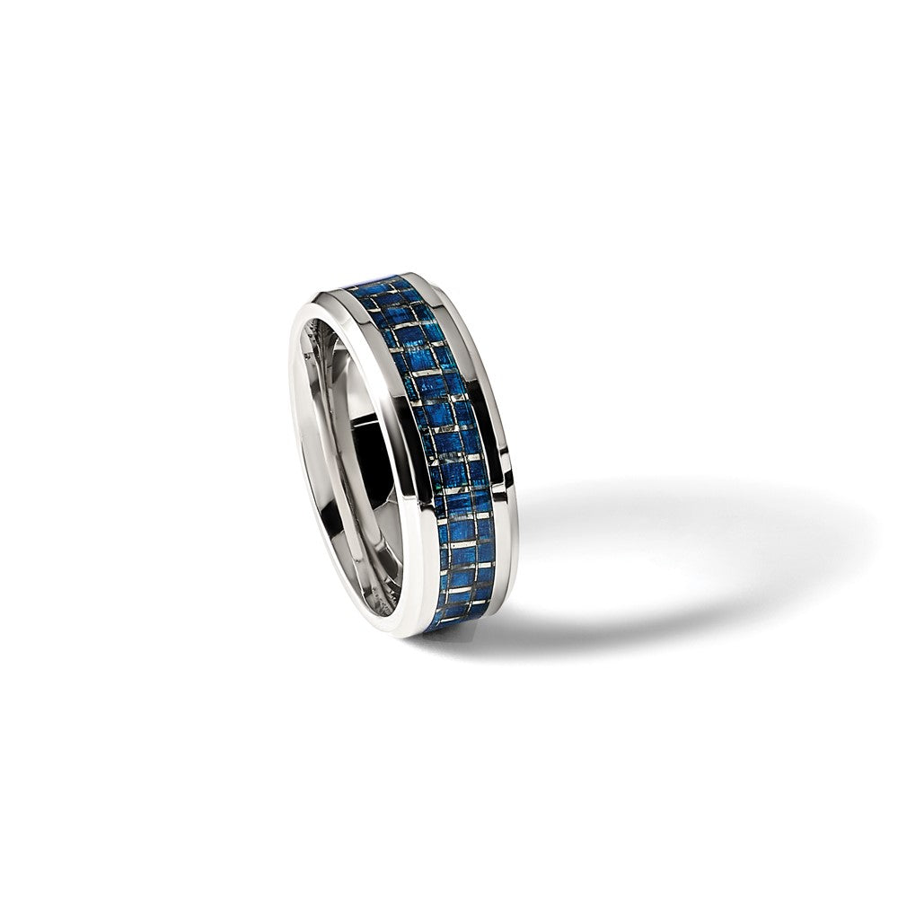 Titanium Polished w/Blue Carbon Fiber Inlay 8mm Beveled Edge Band