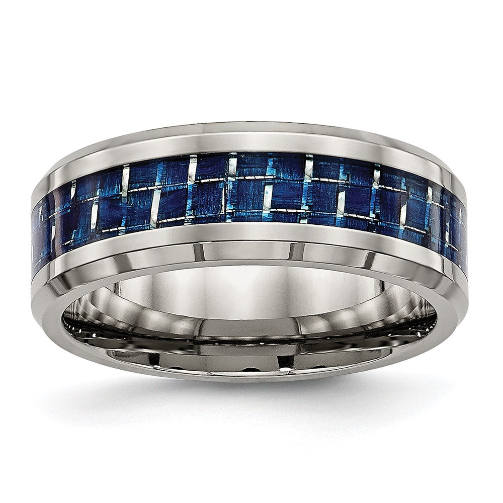Titanium Polished w/Blue Carbon Fiber Inlay 8mm Beveled Edge Band