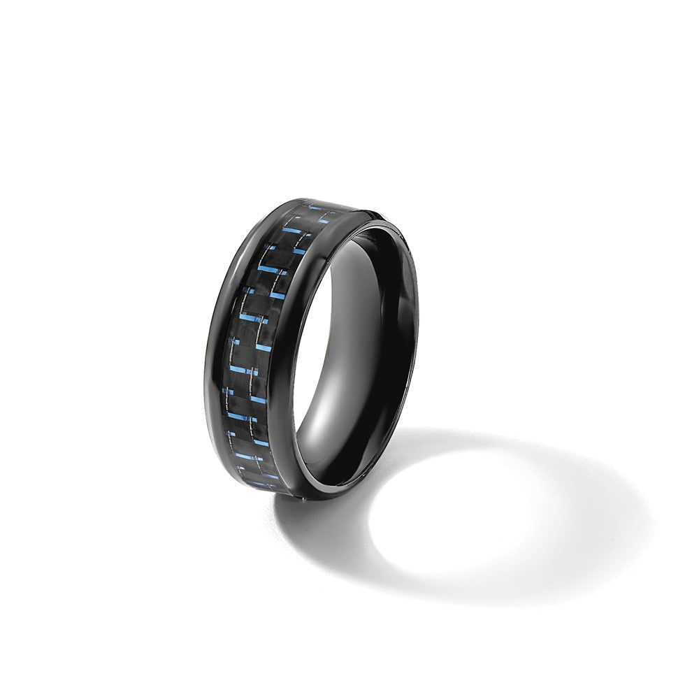 Black Titanium Polished with Black & Blue Carbon Fiber Inlay 8mm Band