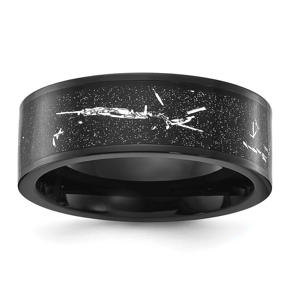 Titanium Polished Black IP-plated w/Black and Silver Foil Inlay 8mm Band
