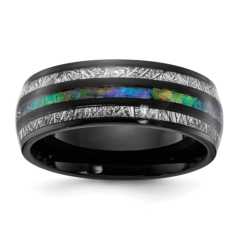 Titanium Polished Black IP w/Abalone/Imit. Meteorite Inlay 8mm Band