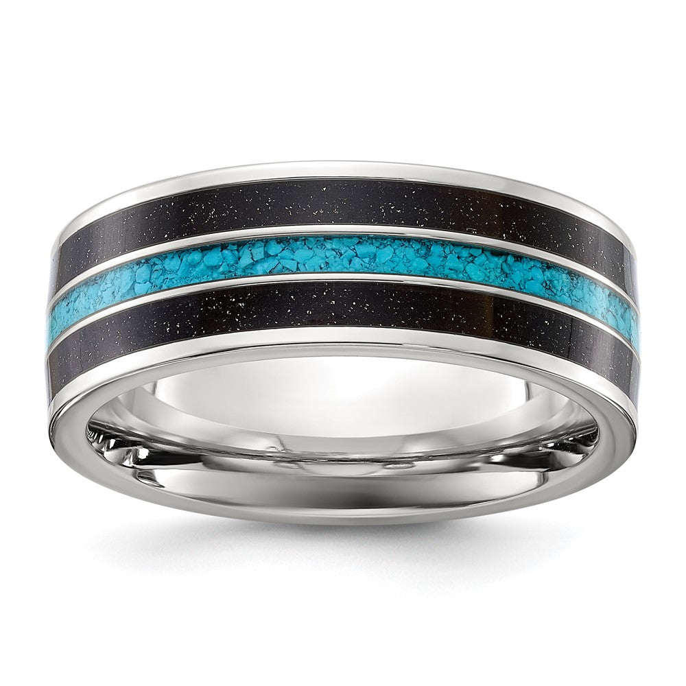 Titanium Polished with Turquoise/Black Star Sandstone Inlay 8mm Band