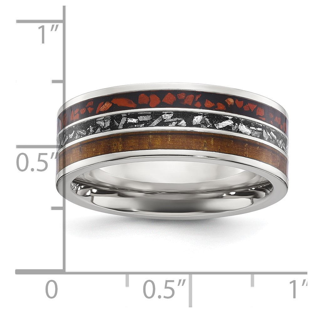 Titanium Polished with Wood/Imit. Meteorite/Redstone Inlay 8mm Band