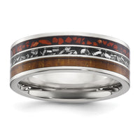 Titanium Polished with Wood/Imit. Meteorite/Redstone Inlay 8mm Band