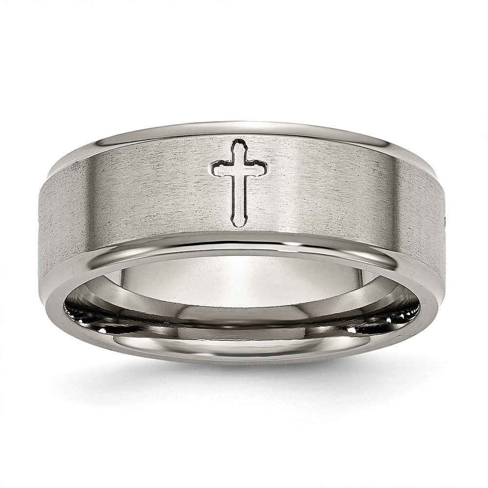 Titanium Brushed Center Cross 8mm Ridged Edge Band