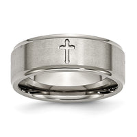 Titanium Brushed Center Cross 8mm Ridged Edge Band