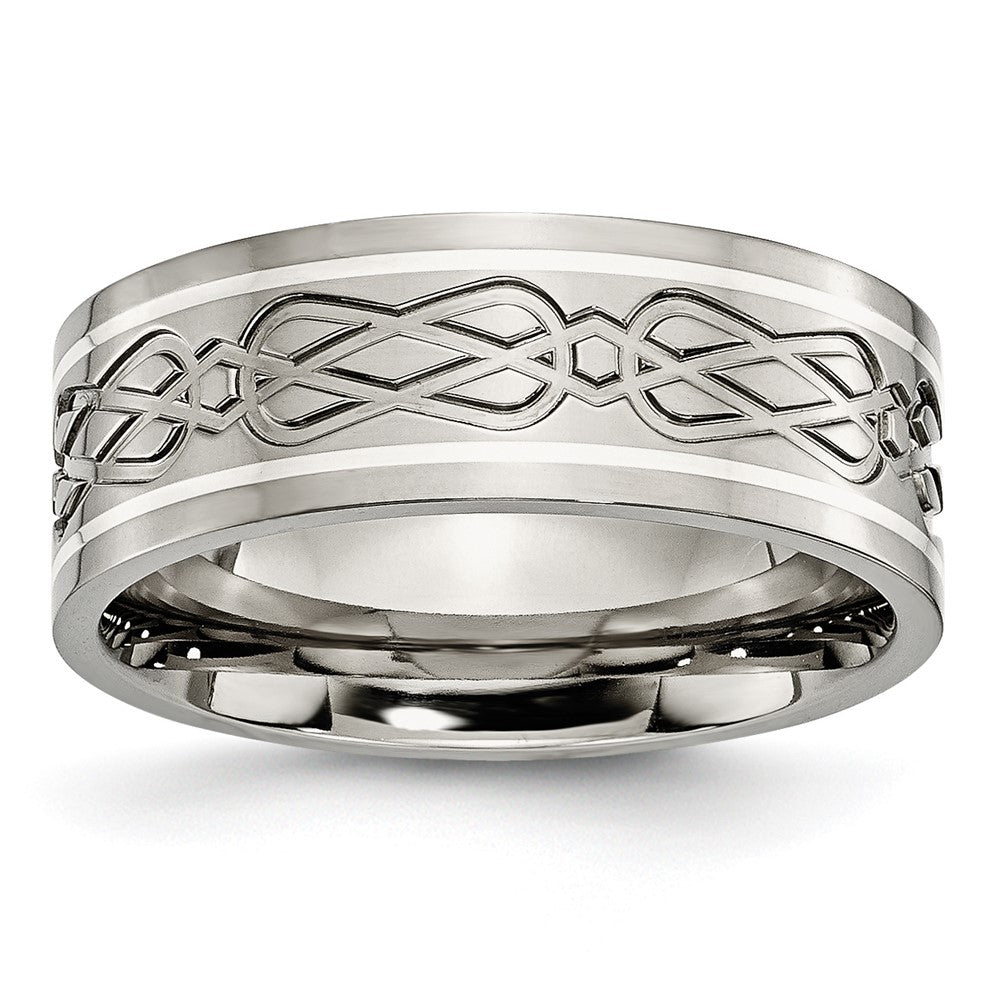 Titanium Polished w/Sterling Silver Inlay Celtic Knot 8mm Flat Band