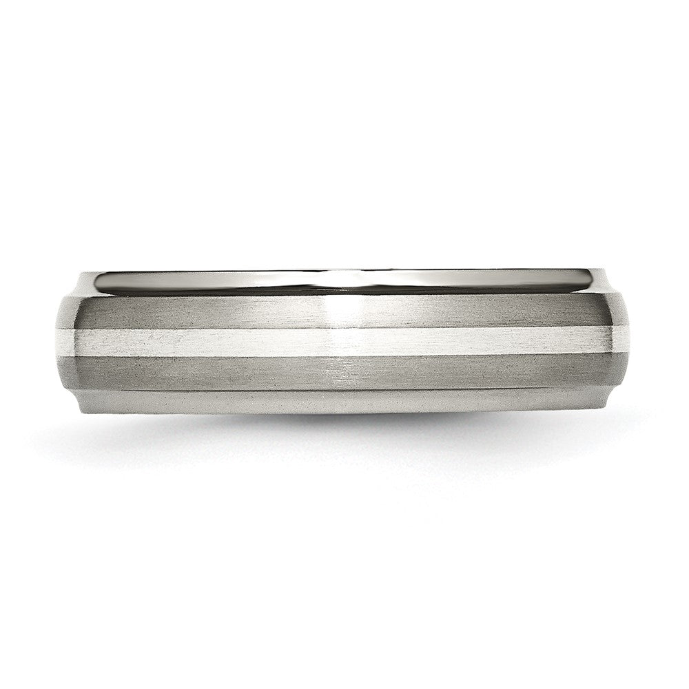 Titanium Brushed Center w/Sterling Silver Inlay 6mm Ridged Edge Band