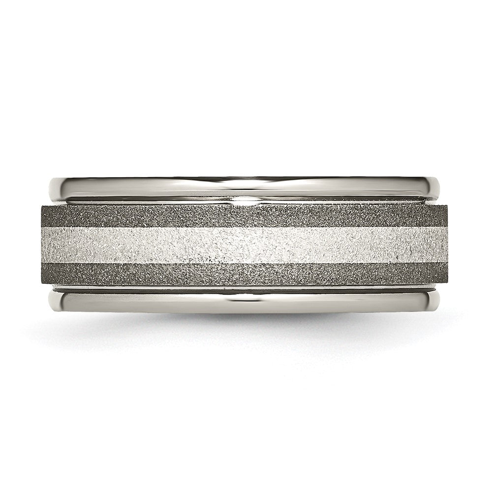 Titanium Polished w/Sterling Silver Inlay Stone Finish Center Grooved Band