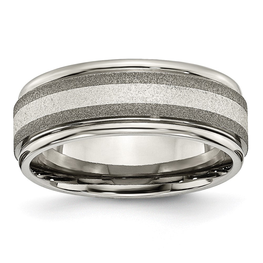 Titanium Polished w/Sterling Silver Inlay Stone Finish Center Grooved Band