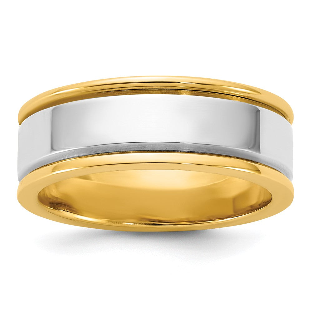 14k Two-Tone Y/W 7mm Step Up Beveled Wedding Band Size 7.5