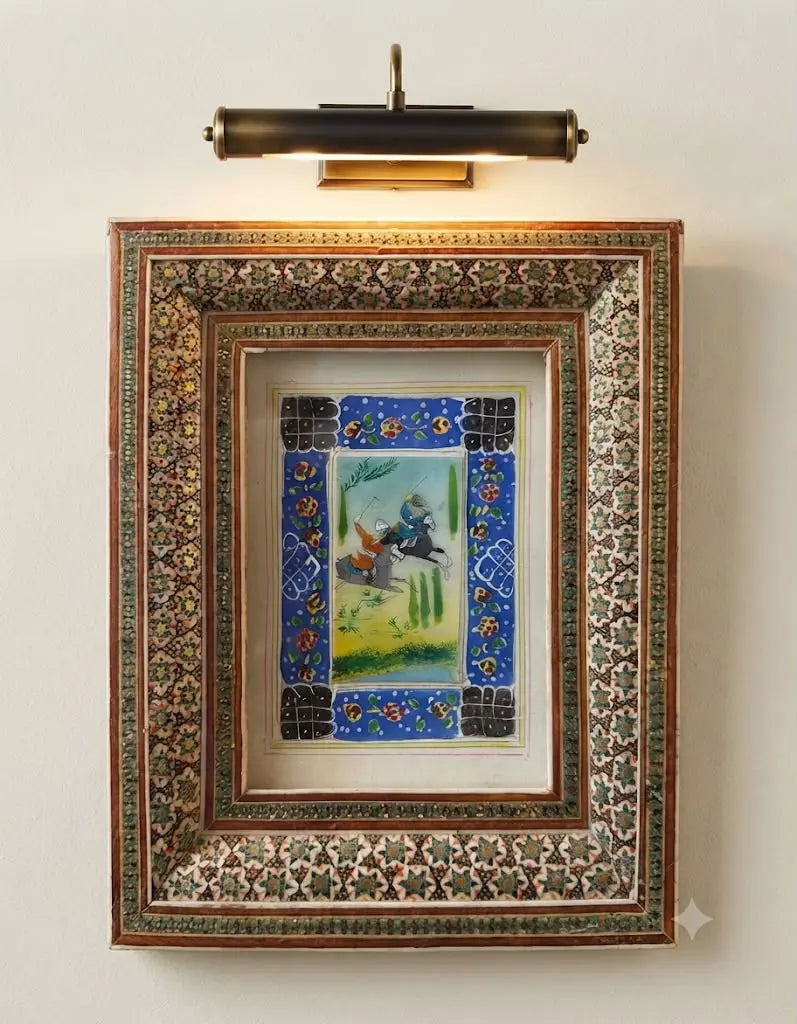 The Royal Chogan, Persian Polo Miniature in Marquetry Frame, 6.5" x 8"