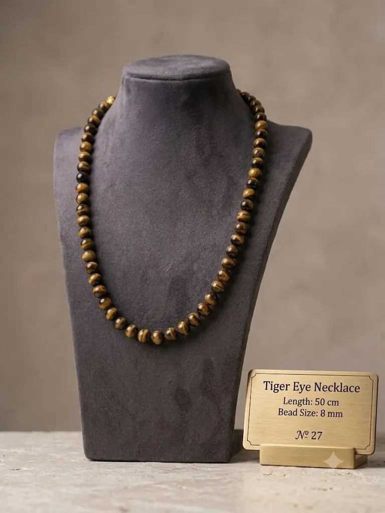 Tiger Eye Necklace, Length 50 cm, Bead Size 8 mm, ABC_NEC_27