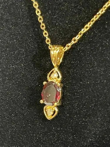 Vintage 14KT Gold-Electroplated Necklace w/ Red Oval Gemstone Pendant ABC Jewelery
