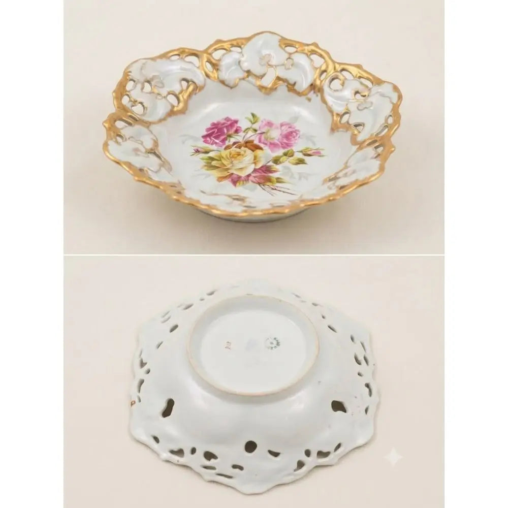 Vintage German Porcelain 12" Footed Fruit Bowl – Hand-Painted Roses with Gold-Gilded Lattice