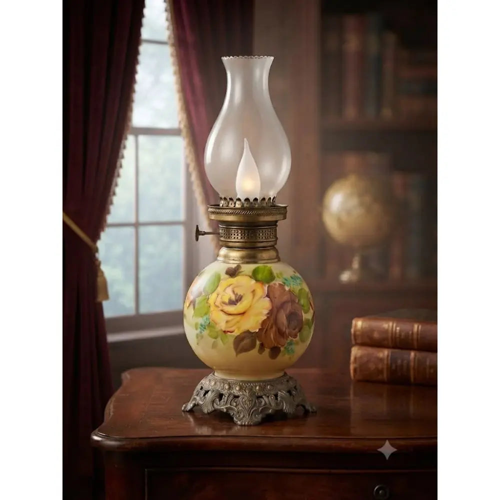 Vintage Hand-Painted Floral Oil Lamp, delicate, hand-painted floral motifs that radiate warmth and sophistication