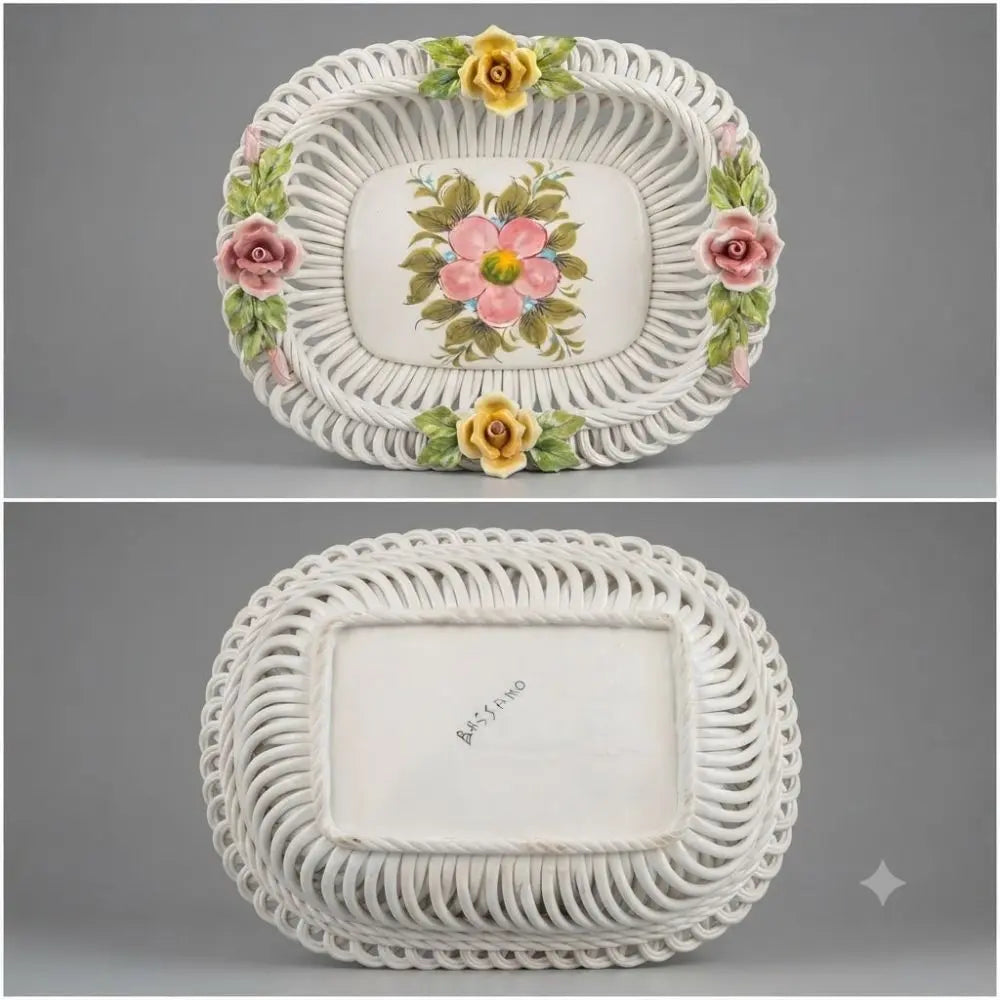 Vintage Italian Hand-Painted Woven Lattice Ceramic Basket - BASSANO
