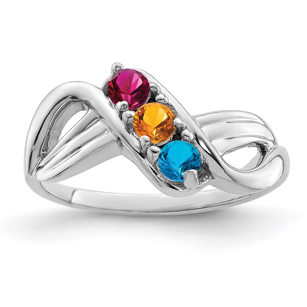 Sterling Silver Rhodium-plated Synthetic 3 Stone Mother's Ring