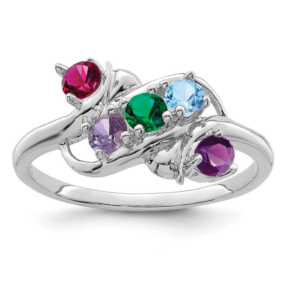 Sterling Silver Rhodium-plated Synthetic 5 Stone Mother's Ring