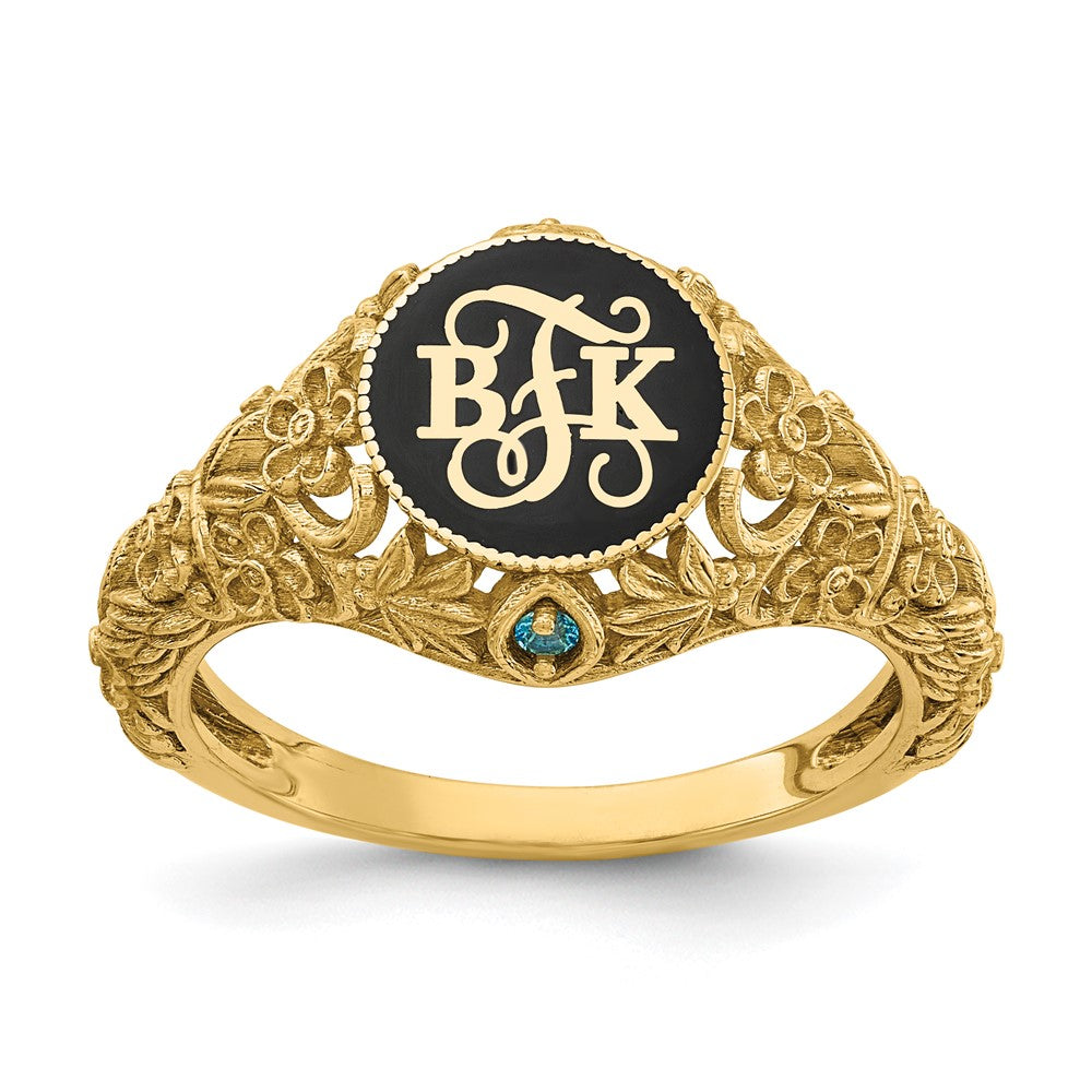 14k Yellow Gold Filigree w/Epoxy and Birthstone Monogram Ring