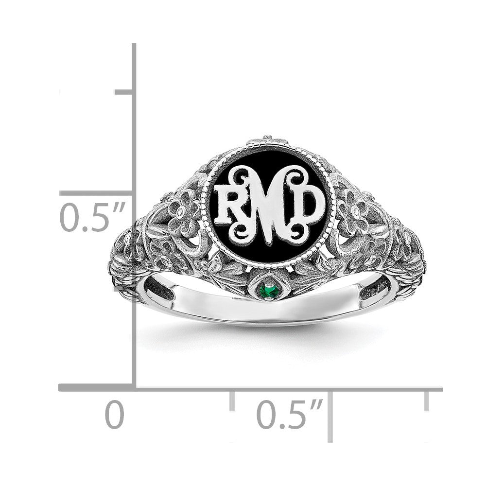 14k White Gold Filigree w/Epoxy and Birthstone Monogram Ring