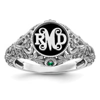 14k White Gold Filigree w/Epoxy and Birthstone Monogram Ring