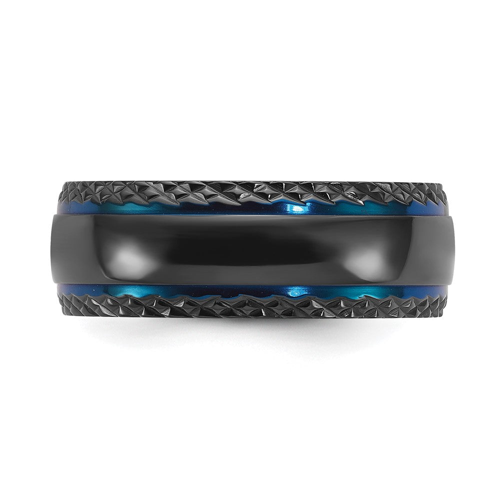 Black Zirconium Polished Blue IP-plated w/ Textured Edge 8mm Band