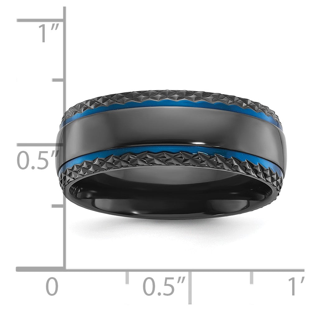 Black Zirconium Polished Blue IP-plated w/ Textured Edge 8mm Band